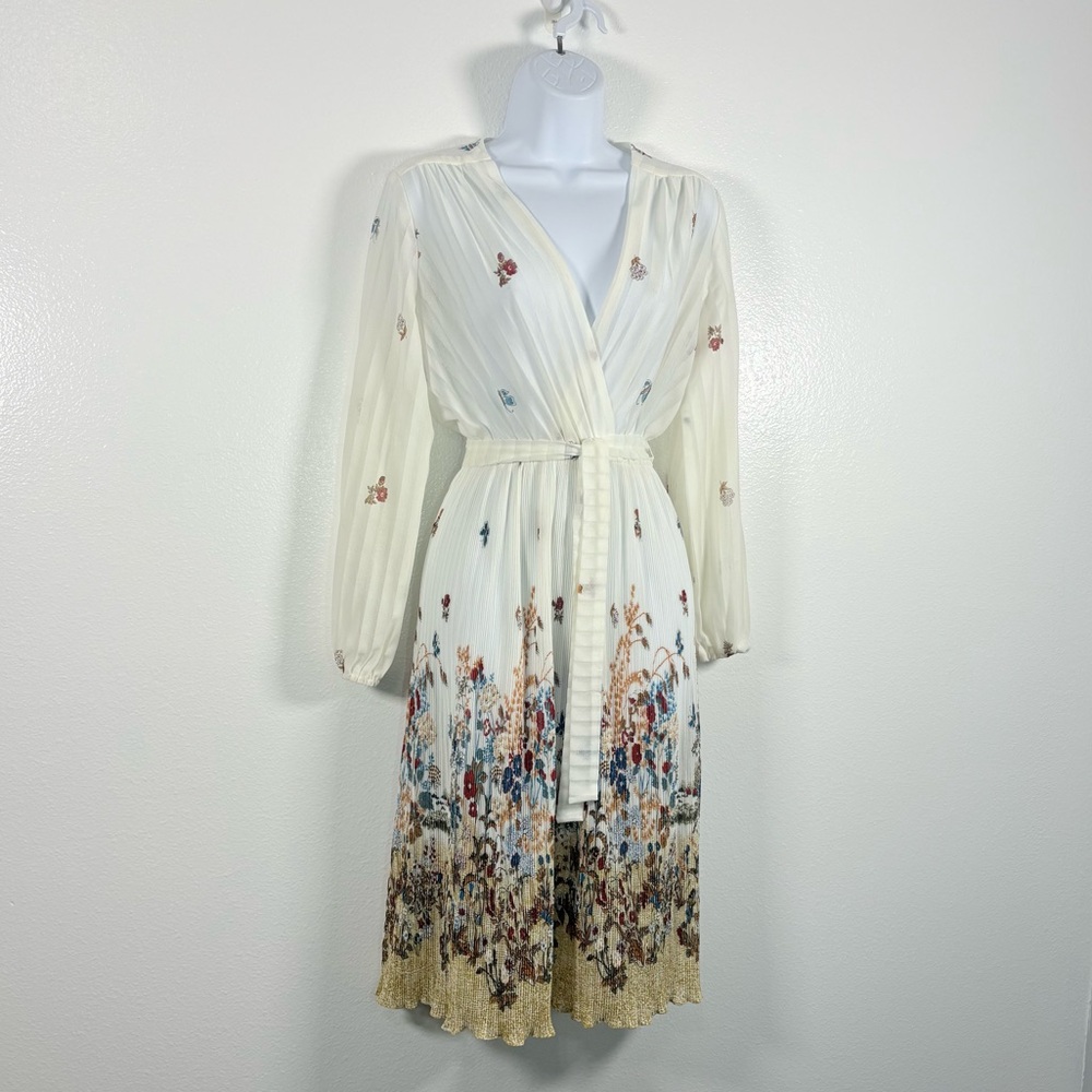 Vintage PleAted Floral Border Midi Boho  Cottagecore Long Sleeve SemiSheer Dress